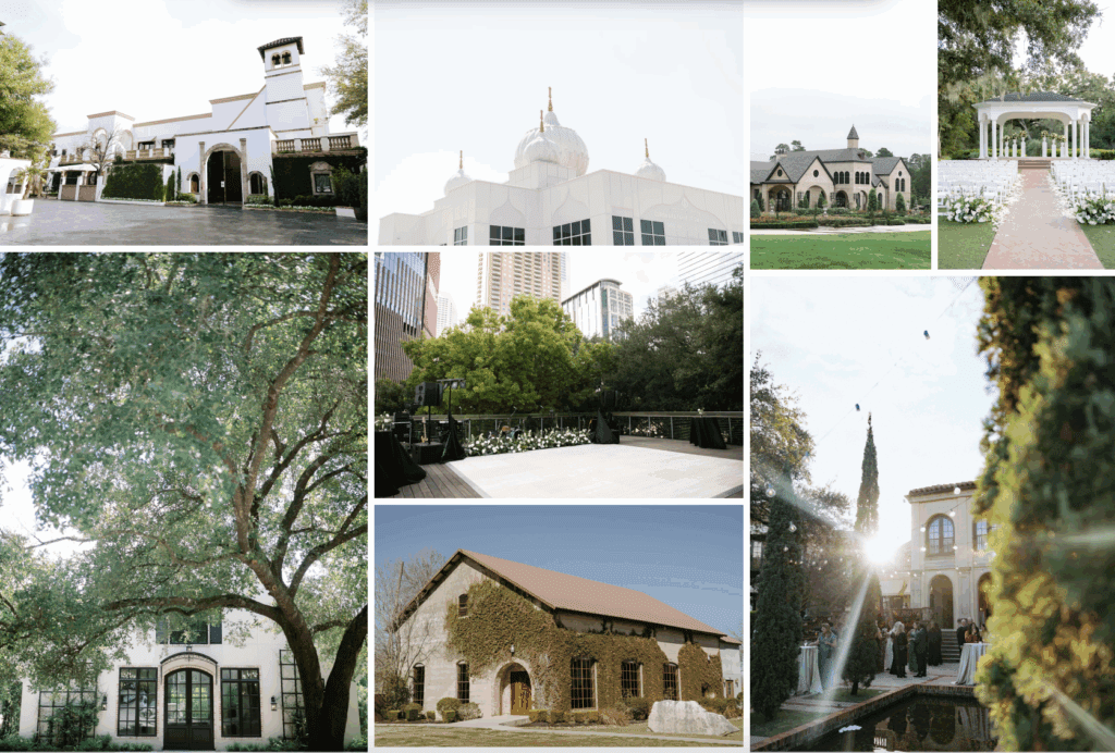 Collage of wedding venues in Houston TX.